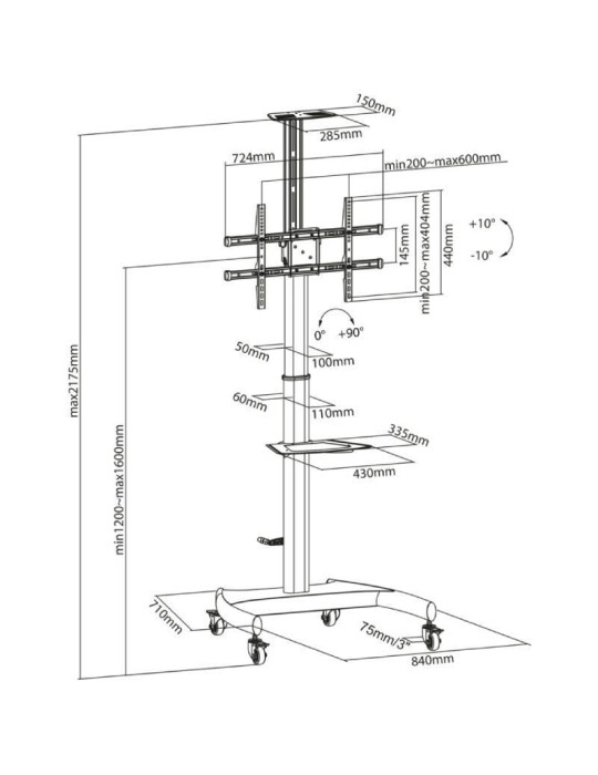 Soporte de Suelo Inclinable/ Giratorio con Ruedas y Manivela Aisens FT70TE-169 para TV 37-70"/ hasta 50kg