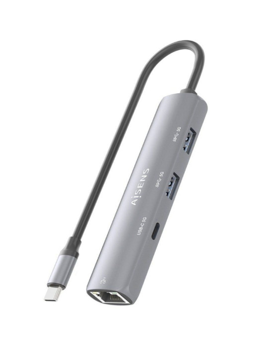Hub USB Tipo-C Aisens ASUC-4P039-GR/ 1xUSB Tipo-C/ 2xUSB/ 1xRJ45/ Gris