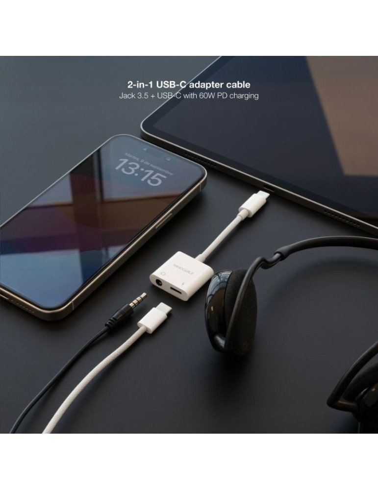 Adaptador Audio Nanocable 10.24.1206/ USB Tipo-C Macho - Jack 3.5 Hembra/ USB Tipo-C Hembra/ Blanco