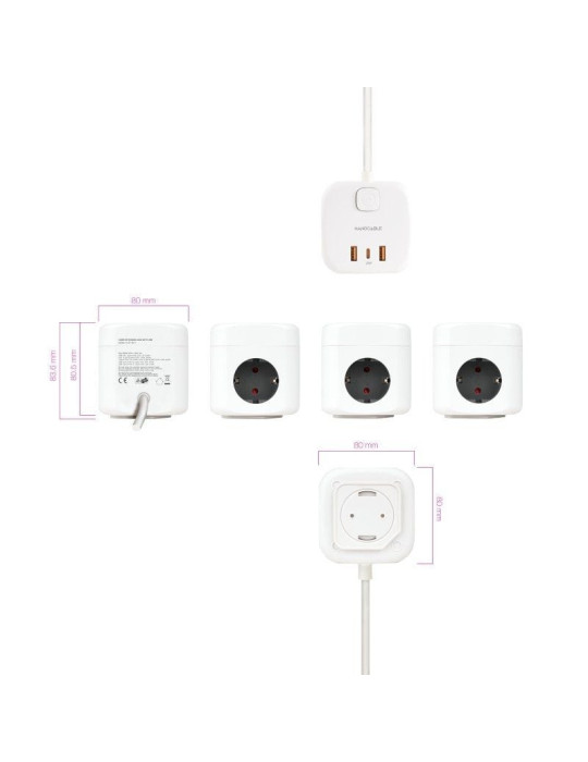 Regleta Nanocable 10.37.0011/ 3 Tomas de corriente/ 2 USB - 1 USB Tipo-C/ Cable 1.4m/ Blanca