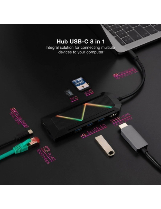 Docking USB Tipo-C Nanocable 10.16.0801/ 3xUSB/ 1xUSB Tipo-C PD/ 1xHDMI/ 1xRJ45/ 1xLector Tarjetas SD TF