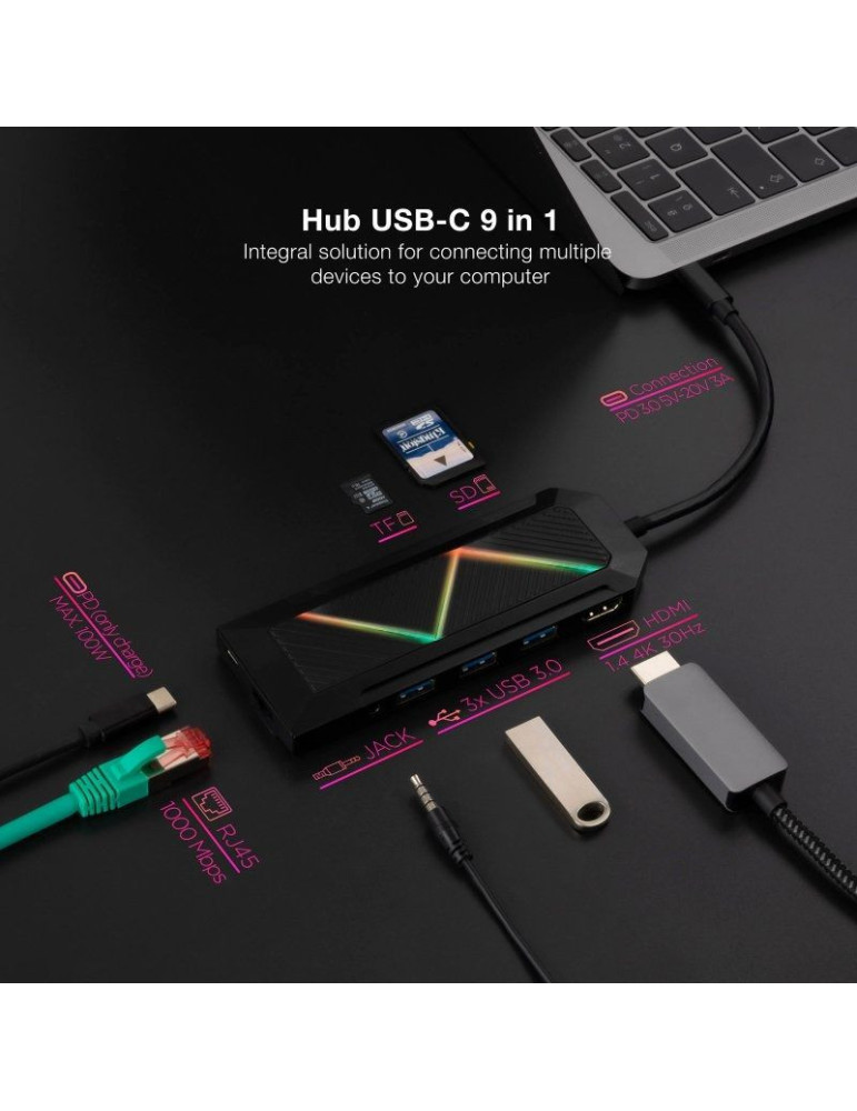 Docking USB Tipo-C Nanocable 10.16.0901/ 3xUSB/ 1xUSB Tipo-C PD/ 1xHDMI/ 1xRJ45/ 1xLector Tarjetas SD TF/ Audio
