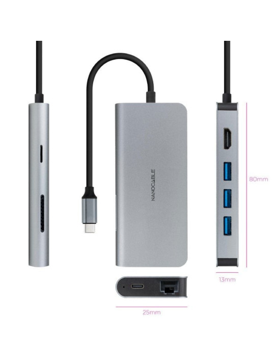 Docking Tipo-C Nanocable 10.16.4609/ 3xUSB/ 1xHDMI 4K/ 1xRJ45/ 1xLector tarjetas/ 1xUSB Tipo-C PD/ Gris