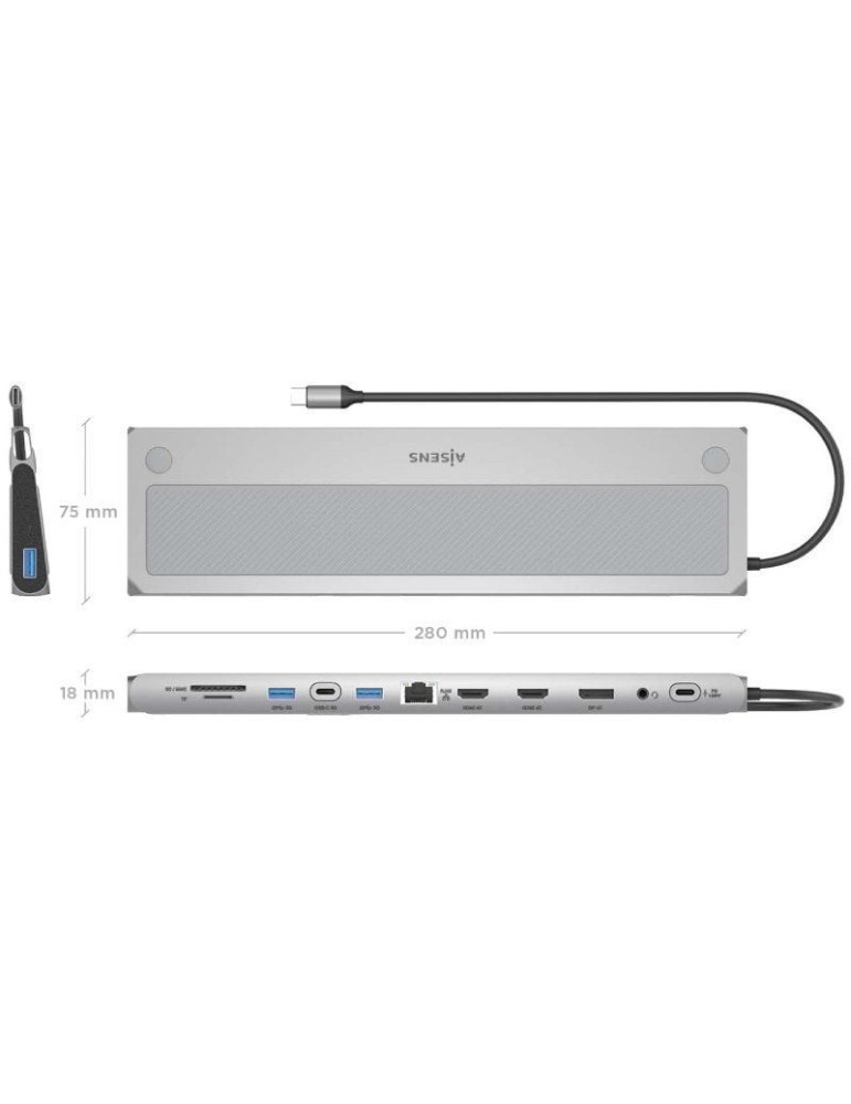 Docking USB Tipo-C Aisens ASUC-12P020-GR/ 2xHDMI 4K/ 3xUSB/ 1xUSB Tipo-C/ 1xRJ45/ 1xDisplayPort/ 1xLector Tarjetas/ 1xUSB Tipo-C