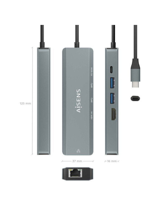 Docking USB Tipo-C Aisens ASUC-5P011-GR/ 1xHDMI 4K/ 2xUSB/ 1xRJ45/ 1xUSB Tipo-C/ 1xUSB Tipo-C PD/ Gris
