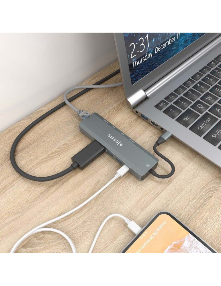 Docking USB Tipo-C Aisens ASUC-5P011-GR/ 1xHDMI 4K/ 2xUSB/ 1xRJ45/ 1xUSB Tipo-C/ 1xUSB Tipo-C PD/ Gris