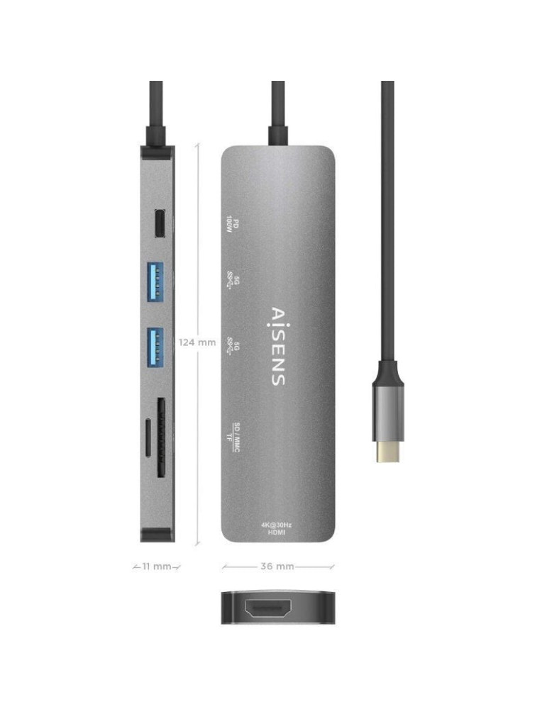 Docking USB Tipo-C Aisens ASUC-6P016-GR/ 1xHDMI 4K/ 2xUSB/ 1xLector Tarjetas/ 1xUSB Tipo-C PD/ Gris