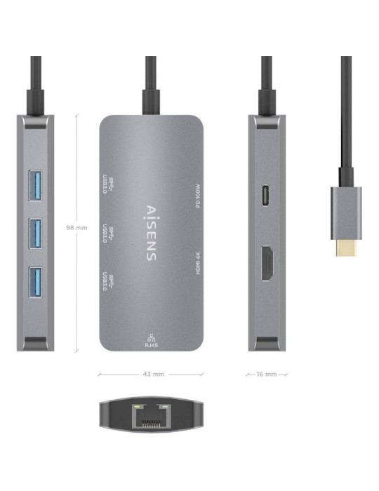 Docking USB Tipo-C Aisens ASUC-6P019-GR/ 1xHDMI 4K/ 3xUSB/ 1xRJ45/ 1xUSB Tipo-C PD/ Gris