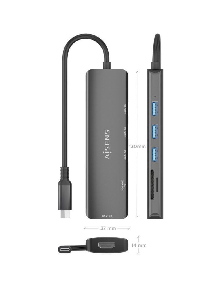 Docking USB Tipo-C Aisens ASUC-6P024-GR/ 1xHDMI 4K/ 3xUSB/ 1xLector Tarjetas/ Gris