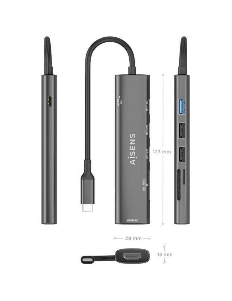 Docking USB Tipo-C Aisens ASUC-7P027-GR/ 1xHDMI 4K/ 3xUSB/ 1xUSB Tipo-C PD/ 1xLector Tarjetas/ Gris
