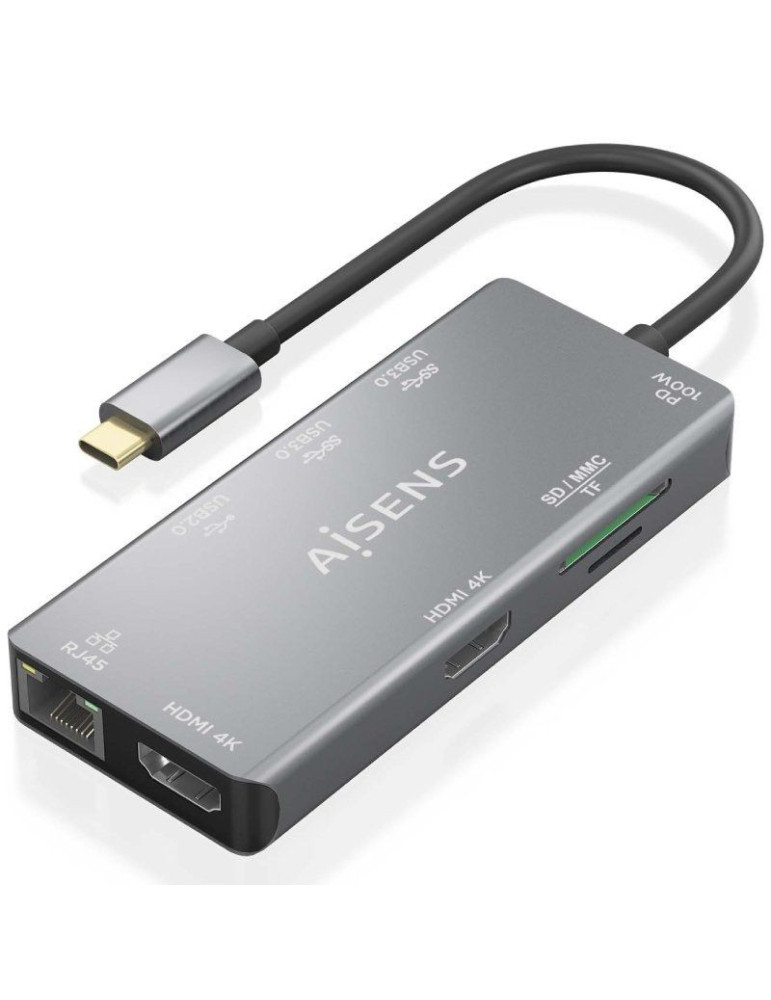 Docking USB Tipo-C Aisens ASUC-9P018-GR/ 2xHDMI 4K/ 3xUSB/ 1xRJ45/ 1xLector Tarjetas/ 1xUSB Tipo-C PD/ Gris