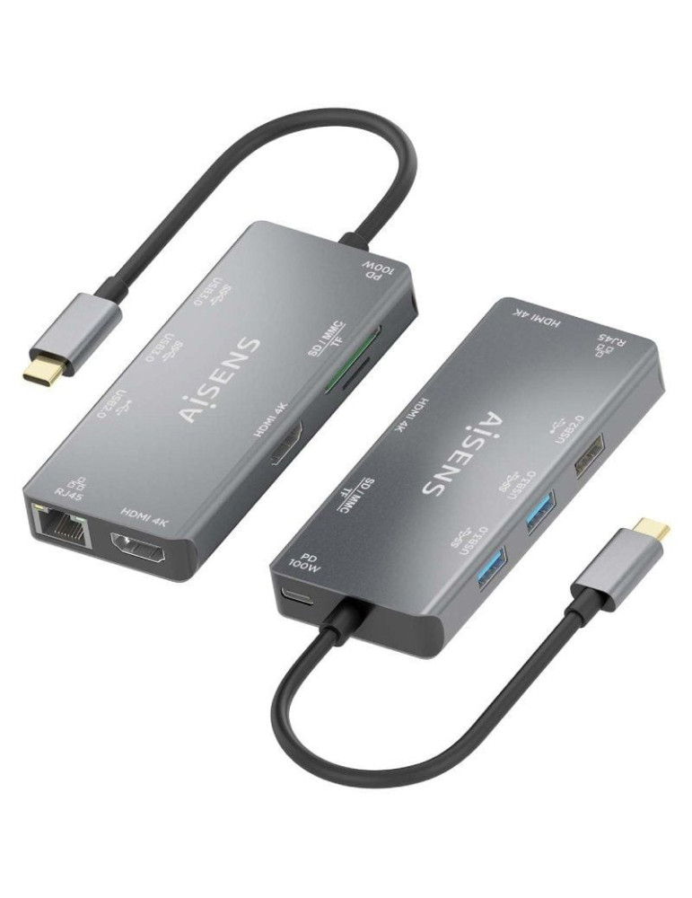 Docking USB Tipo-C Aisens ASUC-9P018-GR/ 2xHDMI 4K/ 3xUSB/ 1xRJ45/ 1xLector Tarjetas/ 1xUSB Tipo-C PD/ Gris