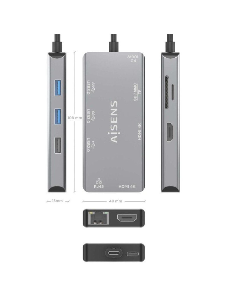 Docking USB Tipo-C Aisens ASUC-9P018-GR/ 2xHDMI 4K/ 3xUSB/ 1xRJ45/ 1xLector Tarjetas/ 1xUSB Tipo-C PD/ Gris