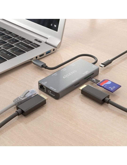 Docking USB Tipo-C Aisens ASUC-9P018-GR/ 2xHDMI 4K/ 3xUSB/ 1xRJ45/ 1xLector Tarjetas/ 1xUSB Tipo-C PD/ Gris