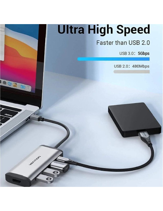 Docking USB Tipo-C Vention CNBHB/ 1xHDMI 4K/ 3xUSB/ 1xUSB Tipo-C PD/ Gris