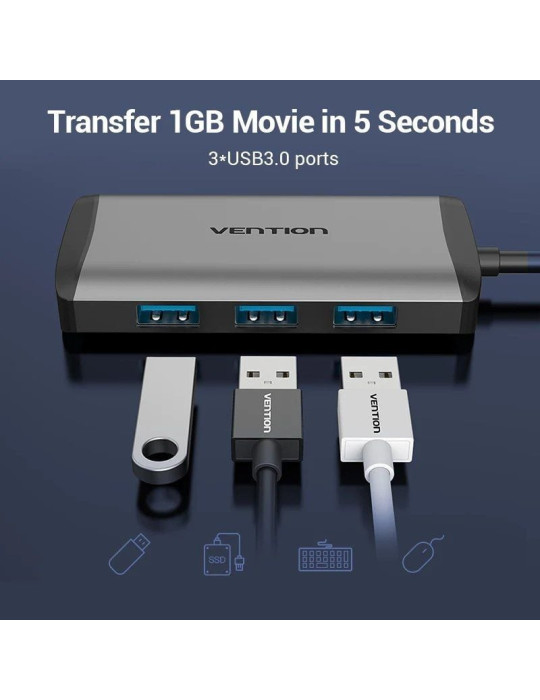 Docking USB Tipo-C Vention CNCHB/ 1xHDMI 4K/ 3xUSB/ 1xUSB Tipo-C PD/ 1xRJ45/ Gris