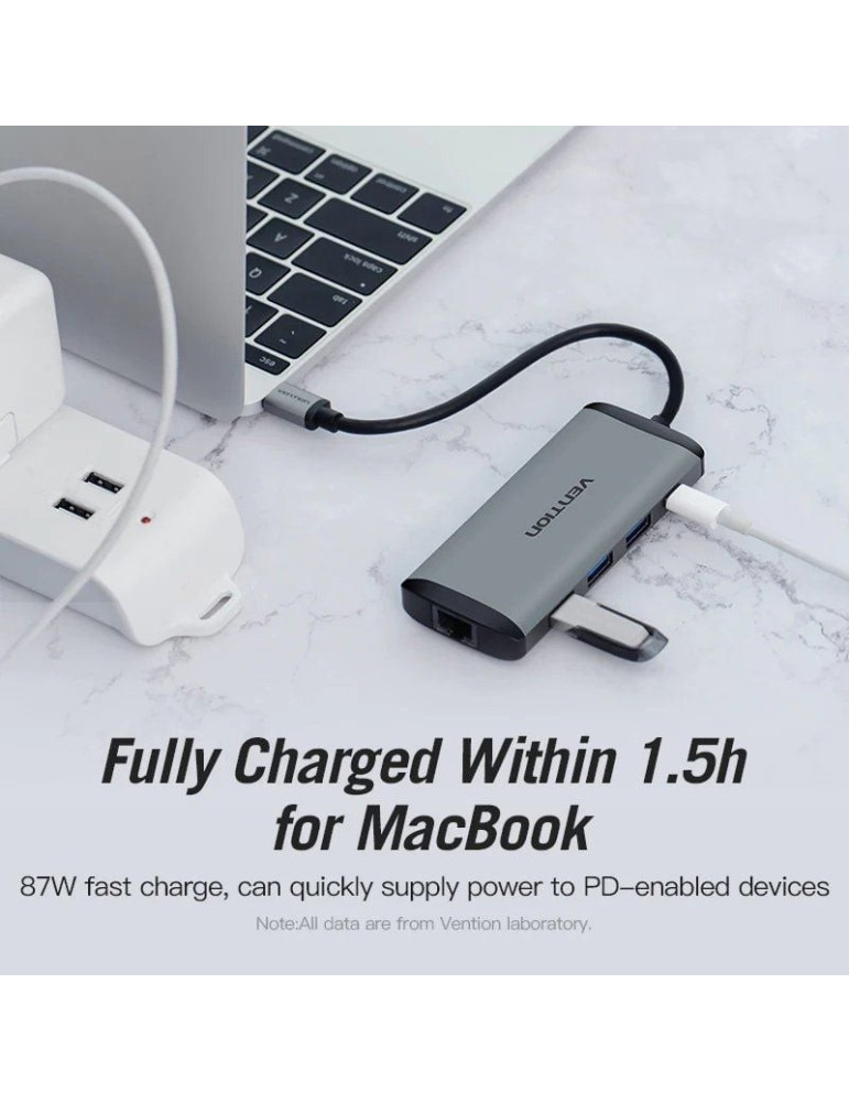 Docking USB Tipo-C Vention CNDHB/ 1xHDMI 4K/ 3xUSB/ 1xUSB Tipo-C PD/ 1xRJ45/ 1xLector tarjetas/ Gris