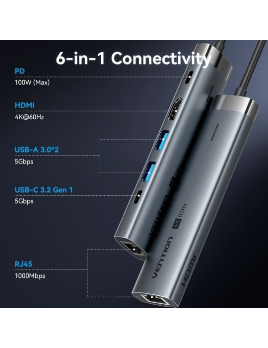 Docking USB Tipo-C Vention TGNHB/ 1xUSB 3.2 Tipo-C/ 2xUSB/ 1xHDMI 4K/ 1xRJ45/ 1xUSB Tipo-C PD/ Gris