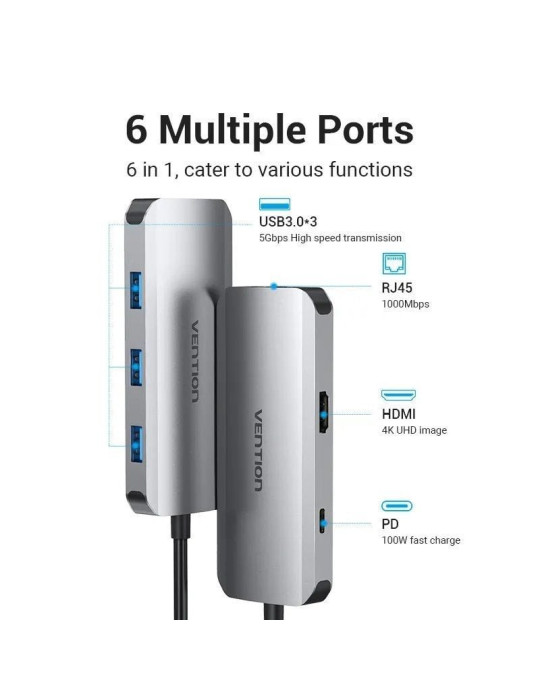 Docking USB Tipo-C Vention TOHHB/ 1xHDMI 4K/ 3xUSB/ 1xRJ45/ 1xUSB Tipo-C PD/ Gris
