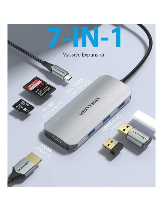 Docking USB Tipo-C Vention TOJHB/ 1xHDMI 4K/ 3xUSB/ 1xUSB Tipo-C/ 1xLector Tarjetas/ Gris