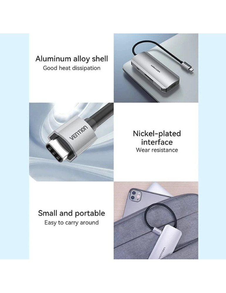 Docking USB Tipo-C Vention TOJHB/ 1xHDMI 4K/ 3xUSB/ 1xUSB Tipo-C/ 1xLector Tarjetas/ Gris