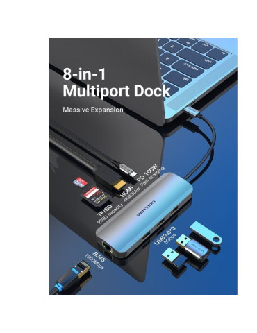Docking USB Tipo-C Vention TOKHB/ 1xHDMI 4K/ 3xUSB/ 1xUSB Tipo-C PD/ 1xRJ45/ 1xLector Tarjetas SD y MicroSD/ Gris 2