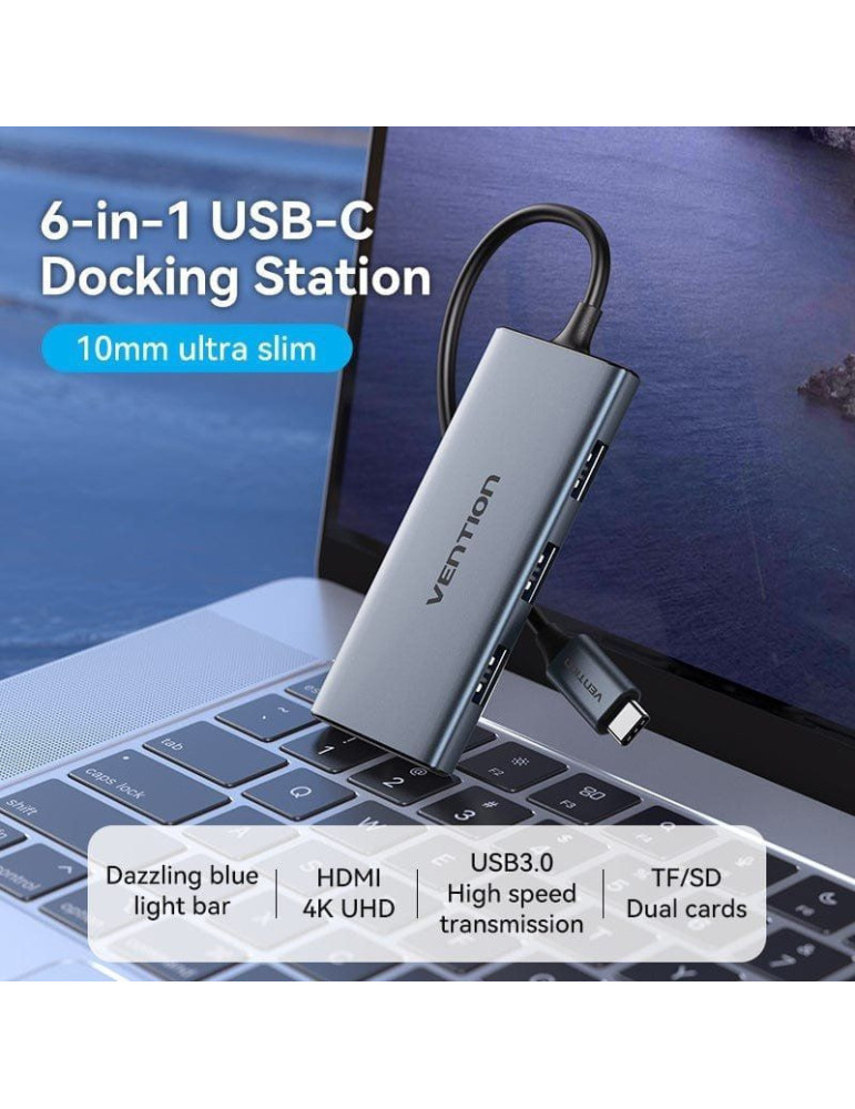 Docking USB Tipo-C Vention TOOHB/ 1xHDMI 4K/ 3xUSB/ 1xLector Tarjetas/ Gris