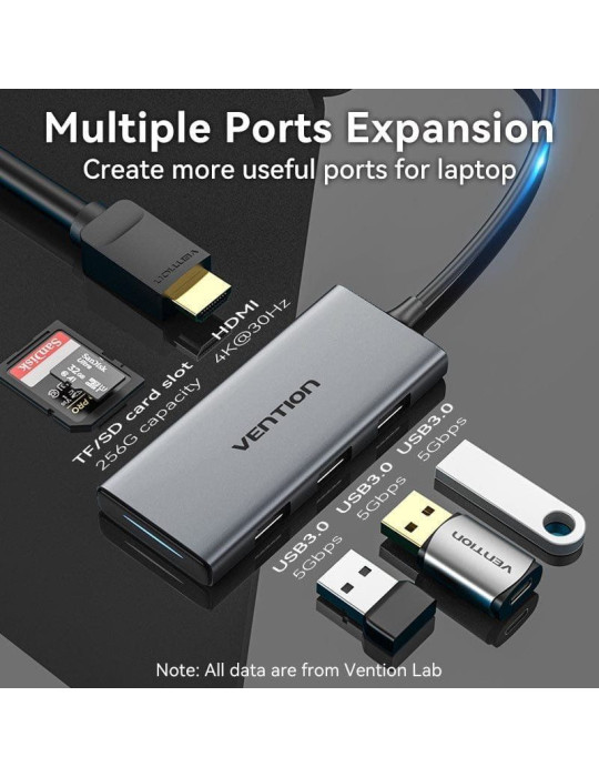Docking USB Tipo-C Vention TOOHB/ 1xHDMI 4K/ 3xUSB/ 1xLector Tarjetas/ Gris