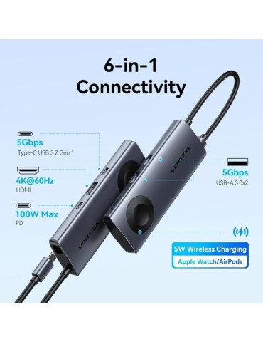Docking USB Tipo-C con Carga Inalámbrica Vention TPMHB/ 1xHDMI 4K/ 2xUSB/ 1xUSB Tipo-C/ 1xUSB Tipo-C PD/ Gris 2