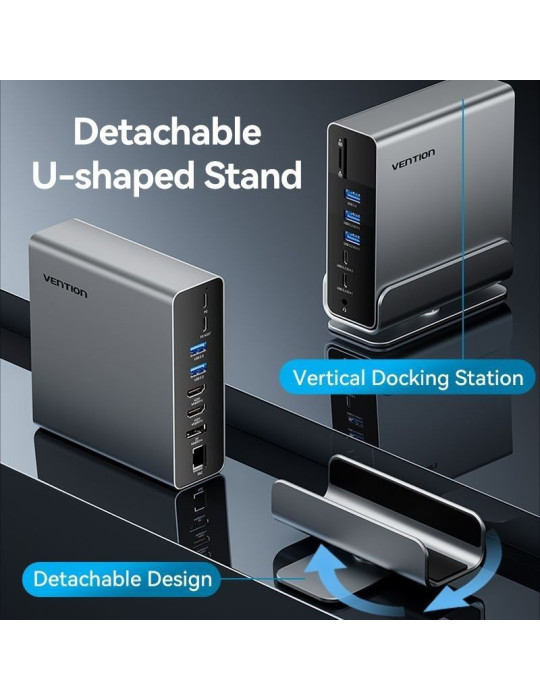Docking USB Tipo-C Vention TPUH0/ 2xHDMI 4K/ 1xDisplayPort/ 3xUSB Tipo-C/ 5xUSB/ 1xRJ45/ 1xLector de Tarjetas/ 1xJack 3.5/ 1xUSB