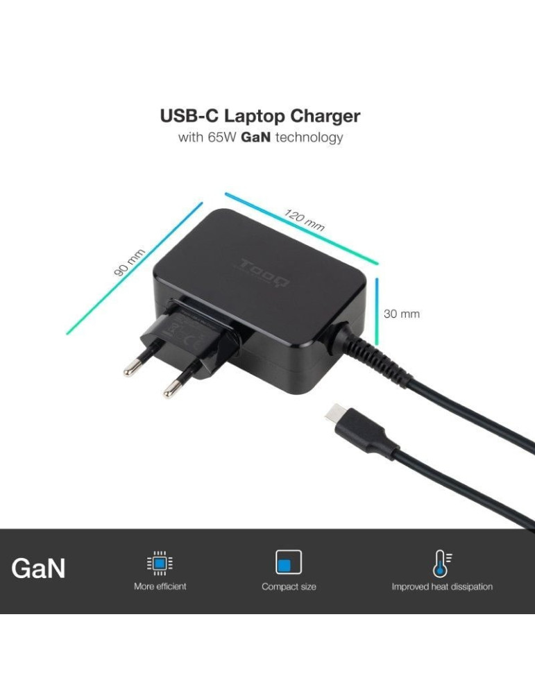 Cargador de Portátil GaN TooQ TQLC-USBCGAN65PD USB Tipo-C/ 65W/ Automático/ Voltaje 5-20V