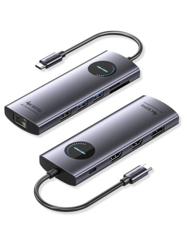 Docking USB Tipo-C Vention TQWHB/ 2xHDMI 4K/ 1xDisplayPort/ 3xUSB/ 1xUSB Tipo-C PD/ 1xRJ45/ 1xLector Tarjetas/ Gris