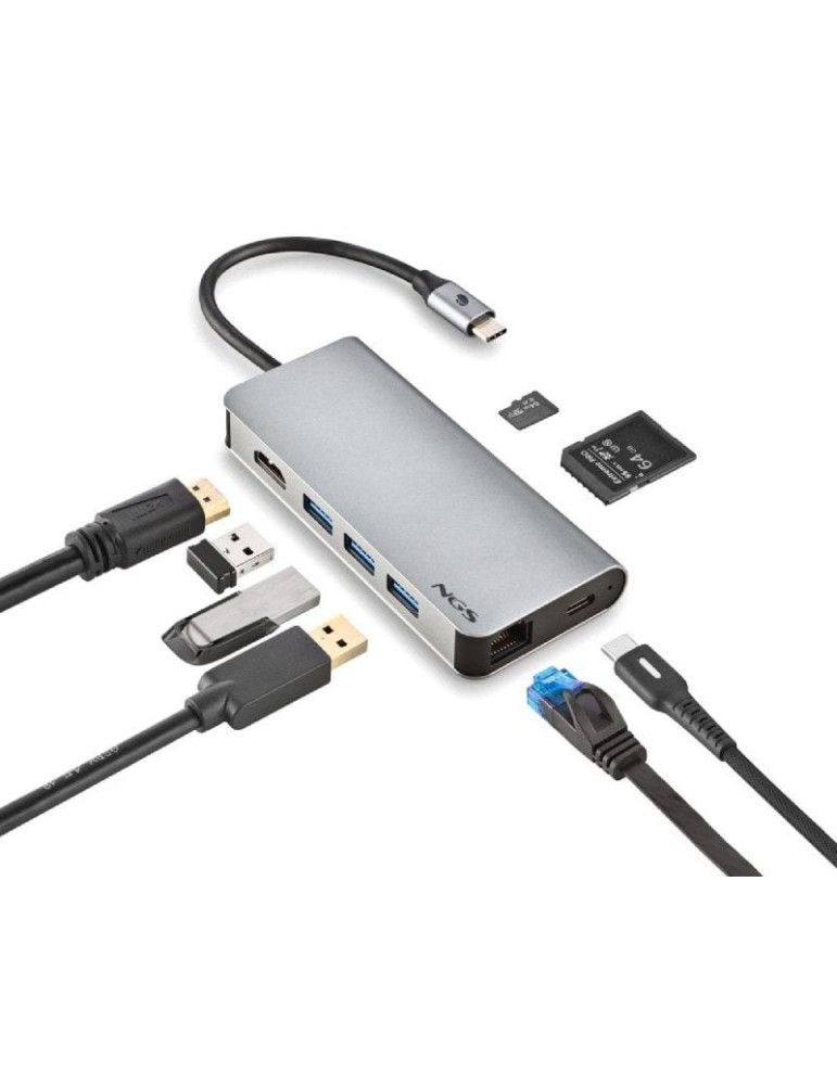 Docking USB Tipo-C NGS WonderDock8/ 3xUSB/ 1xUSB Tipo-C DP/ 1xHDMI 4K/ 1xRJ45/ 1xLector Tarjetas SD