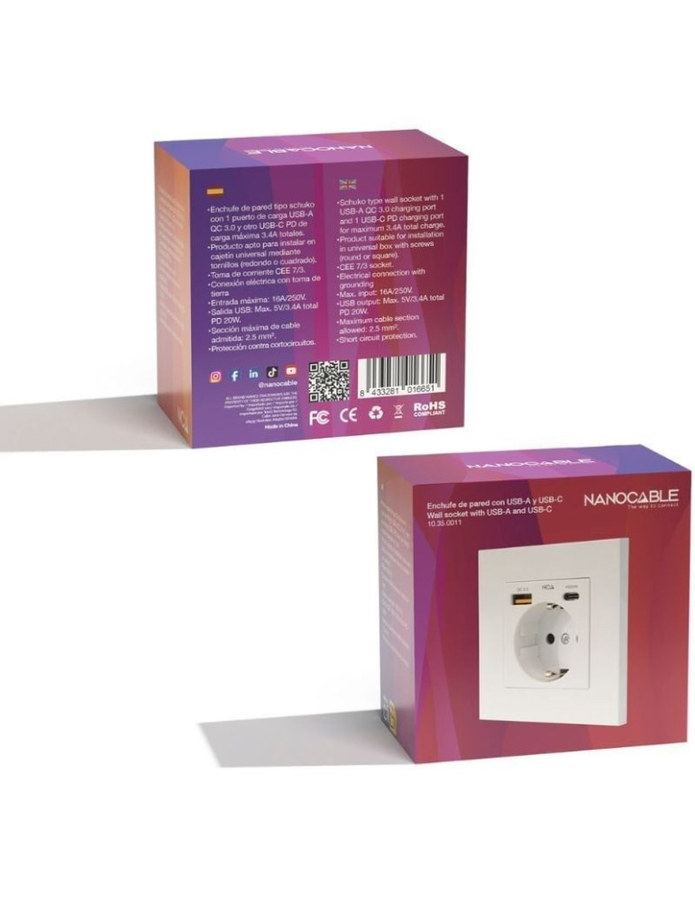 Roseta de Pared Nanocable 10 35 0011/ 1 Schuko/ 1 USB Tipo-C/ 1 USB