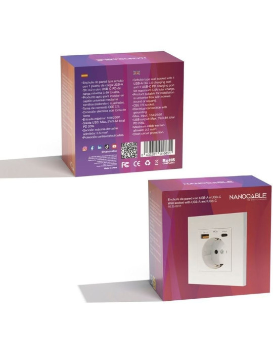 Roseta de Pared Nanocable 10 35 0011/ 1 Schuko/ 1 USB Tipo-C/ 1 USB