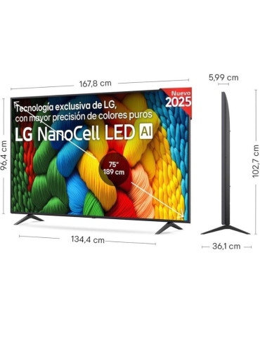 Televisor LG NanoCell 75NANO80A6B 75"/ Ultra HD 4K/ Smart TV/ WiFi 2