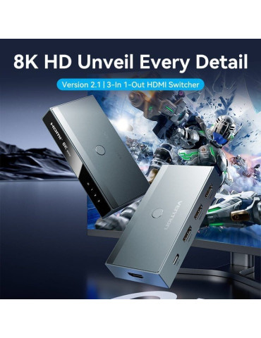 Switch Conmutador 8K HDMI 2.1 Vention AKRH0 HDMI Hembra/ 3x HDMI Hembra/ 1x USB Tipo-C DP 2
