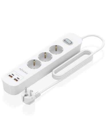 Regleta con Interruptor Aisens ASPS-2A2C10-W/ 3 Tomas de Corriente/ 2 USB - 2 USB Tipo-C/ Cable 1.4m/ Blanco