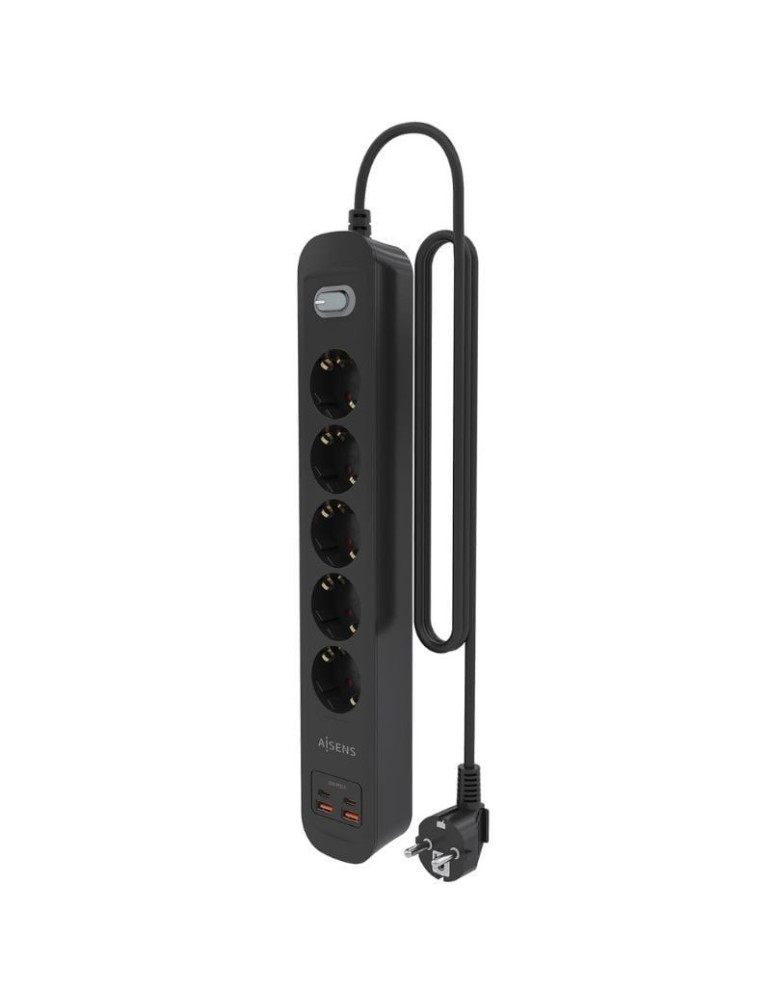 Regleta con Interruptor Aisens ASPS-2A2C15-BK/ 5 Tomas de Corriente/ 2 USB - 2 USB Tipo-C/ Cable 1.4m/ Negro