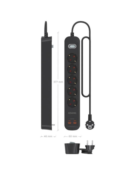 Regleta con Interruptor Aisens ASPS-2A2C15-BK/ 5 Tomas de Corriente/ 2 USB - 2 USB Tipo-C/ Cable 1.4m/ Negro