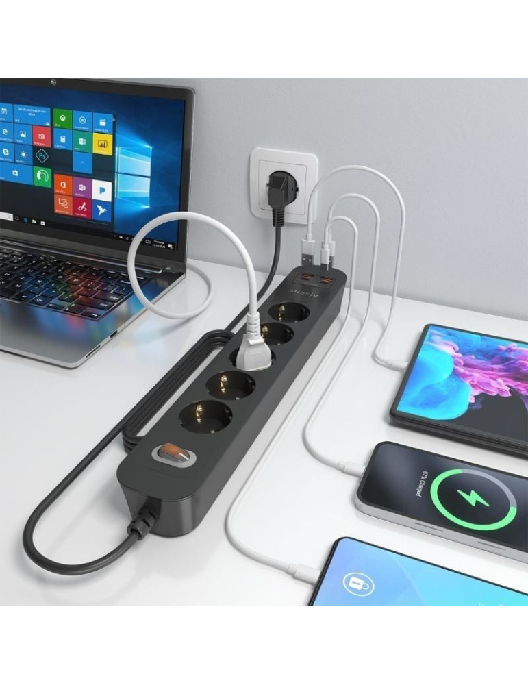 Regleta con Interruptor Aisens ASPS-2A2C15-BK/ 5 Tomas de Corriente/ 2 USB - 2 USB Tipo-C/ Cable 1.4m/ Negro