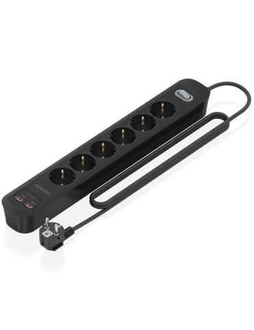 Regleta con Interruptor Aisens ASPS-2A2C17-BK/ 6 Tomas de Corriente/ 2 USB - 2 USB Tipo-C/ Cable 1.4m/ Negro