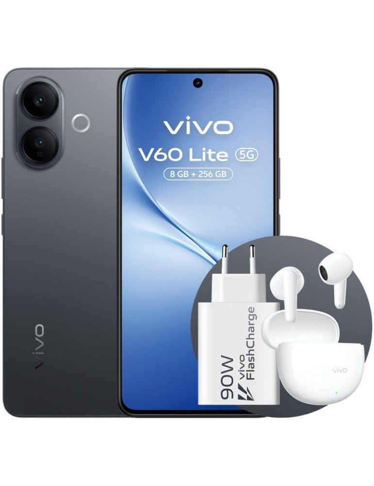 Smartphone Vivo V60 Lite 8GB/ 256GB/ 6.77"/ 5G/ Negro/ Incluye Cargador 90W y Buds