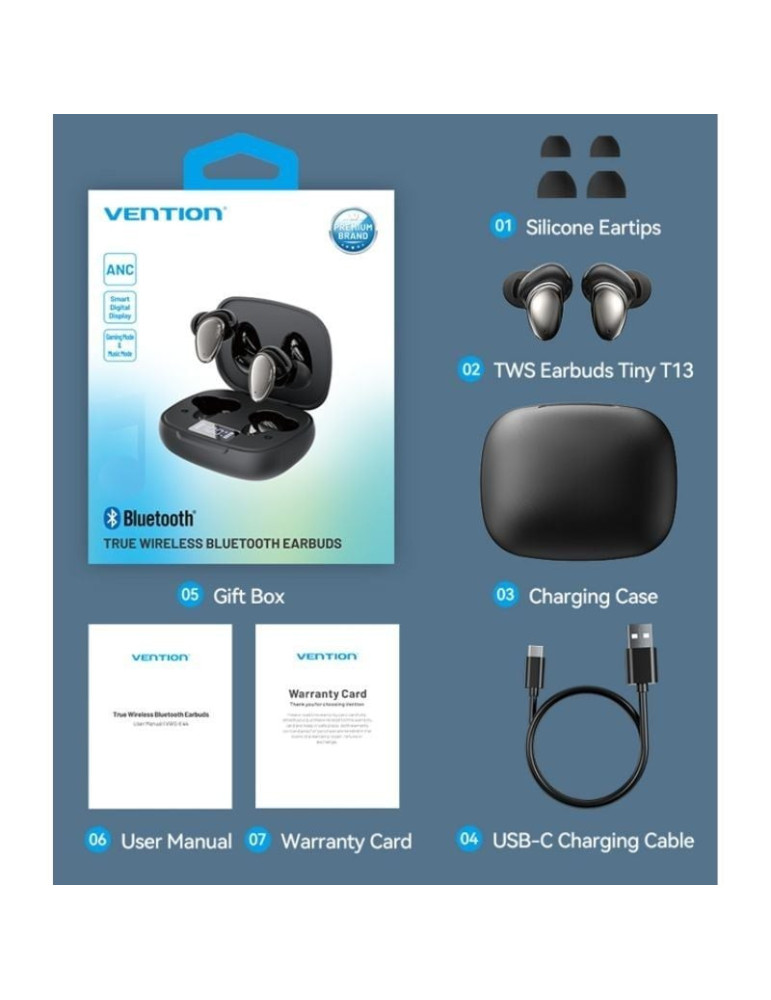 Auriculares Bluetooth Vention Tiny T13 NBNB0 con estuche de carga/ Autonomía 6h/ Negros