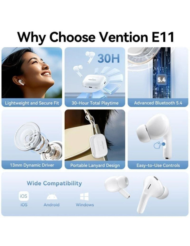 Auriculares Bluetooth Vention Echo Lite E11 con estuche de carga/ Autonomía 6h/ Blancos