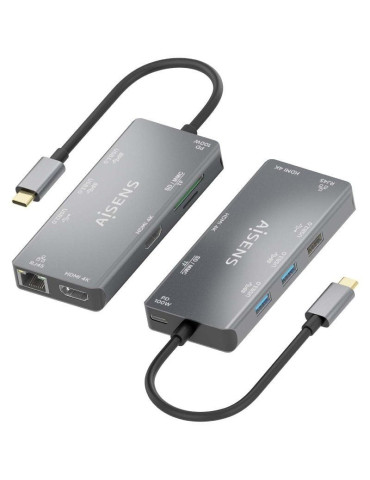 Docking USB Tipo-C Aisens ASUC-9P018-GR/ 2xHDMI 4K/ 3xUSB/ 1xRJ45/ 1xLector Tarjetas/ 1xUSB Tipo-C PD/ Gris 2