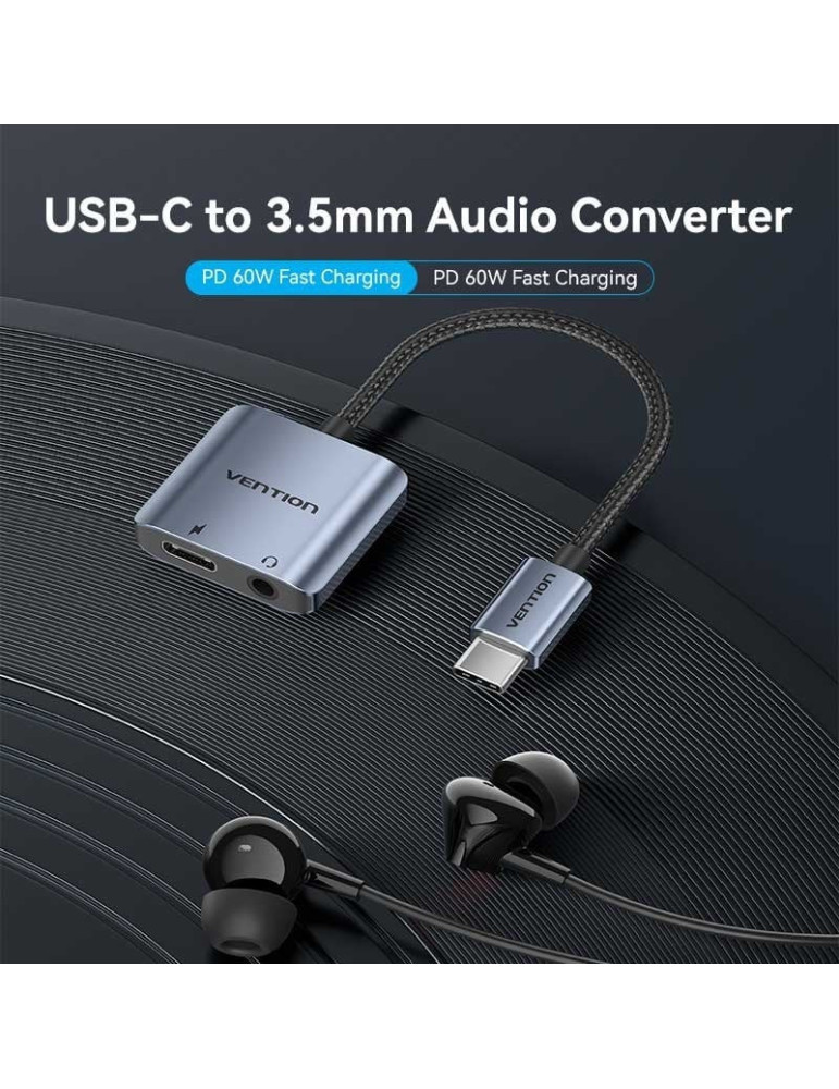 Adaptador Audio Vention BIGHA/ USB Tipo-C Macho - Jack 3.5 Hembra/ USB Tipo-C PD Hembra/ Gris