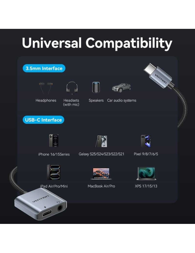 Adaptador Audio Vention BIGHA/ USB Tipo-C Macho - Jack 3.5 Hembra/ USB Tipo-C PD Hembra/ Gris