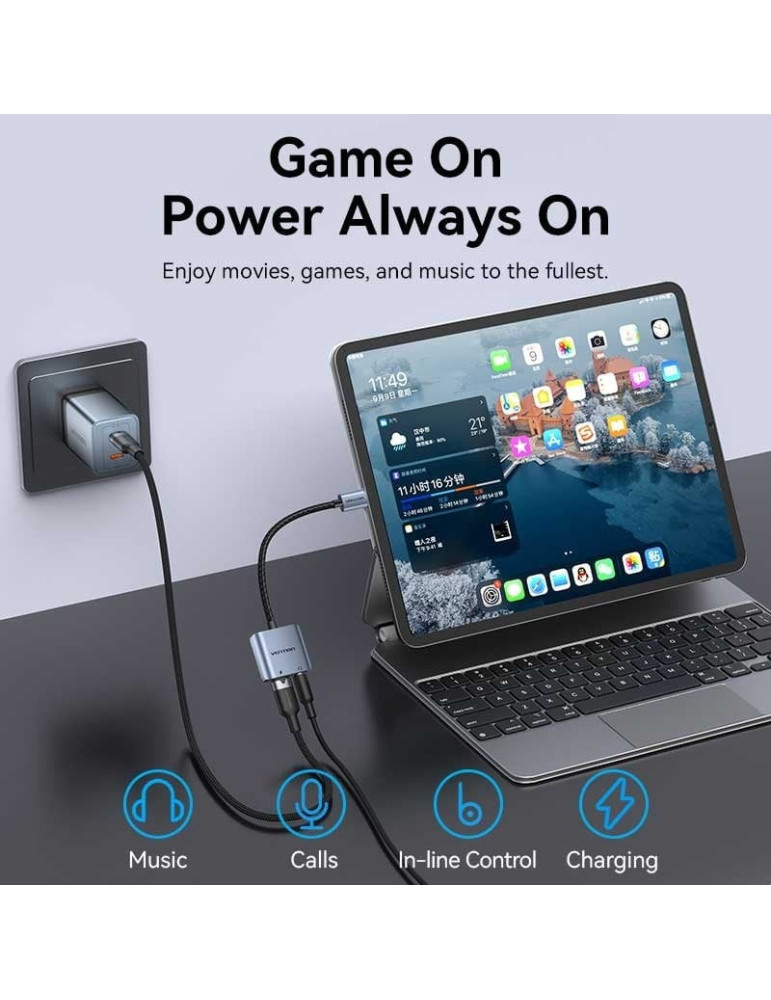 Adaptador Audio Vention BIGHA/ USB Tipo-C Macho - Jack 3.5 Hembra/ USB Tipo-C PD Hembra/ Gris