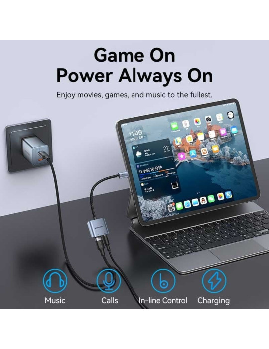 Adaptador Audio Vention BIGHA/ USB Tipo-C Macho - Jack 3.5 Hembra/ USB Tipo-C PD Hembra/ Gris